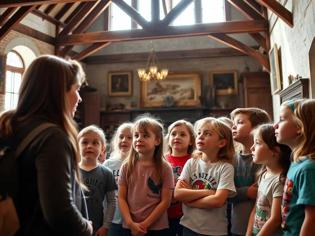 A photograph showing a group of children participating in a guided tour of a historical site in Vernusse, emphasizing educational programs for youth.