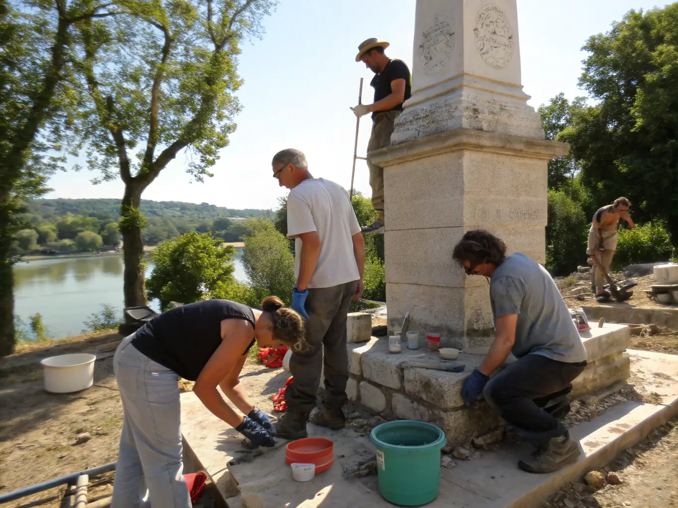 A photograph depicting volunteers cleaning and restoring an old stone wall of a historical building in Vernusse, showcasing community involvement in heritage preservation.