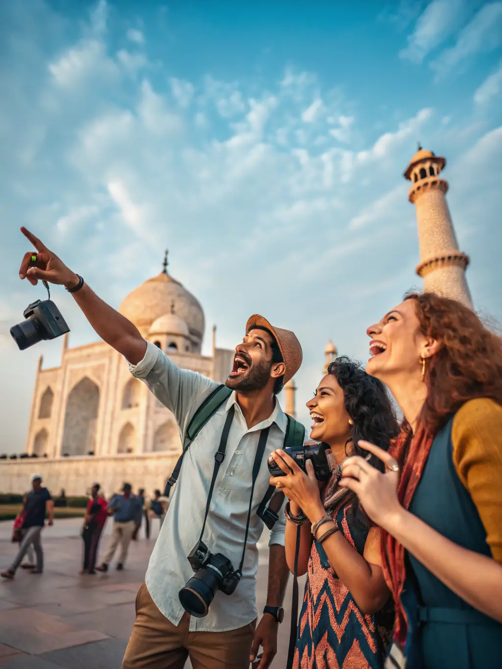 A scenic shot of a guided tour group exploring the historical trails around Vernusse, led by a knowledgeable local guide, with rolling hills and historical buildings in the background.