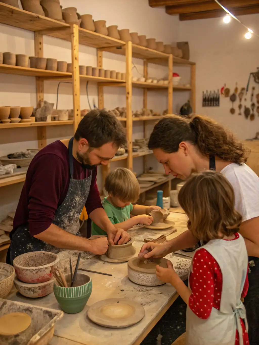 A vibrant image showing participants of all ages engaged in a traditional craft workshop, learning the art of pottery using local clay, with finished pieces displayed in the foreground.